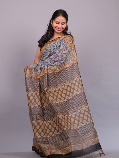 Blue Bagru Hand Block Printed Maheswari Silk Cotton Saree