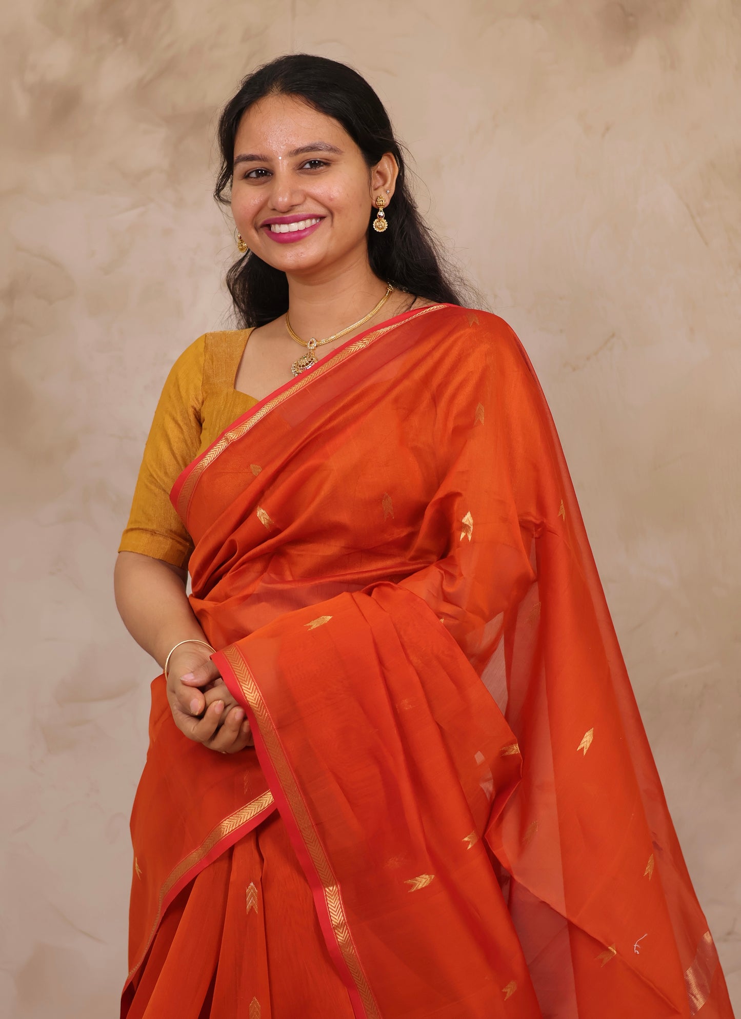 Orange Handloom Maheswari Silk Cotton Sarees | Looms & Tassels
