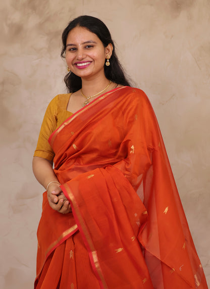 Orange Handloom Maheswari Silk Cotton Sarees | Looms & Tassels