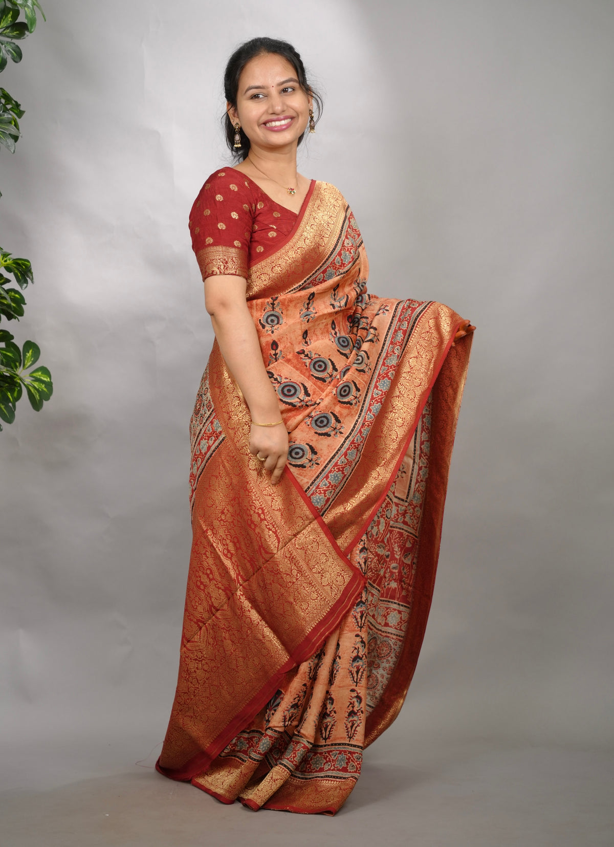Onion Pink Ajrakh Handblock printed Dola Silk Saree| Looms & Tassels