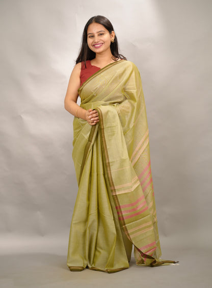 Olive green Narayanpet Cotton Saree | Looms & Tassels