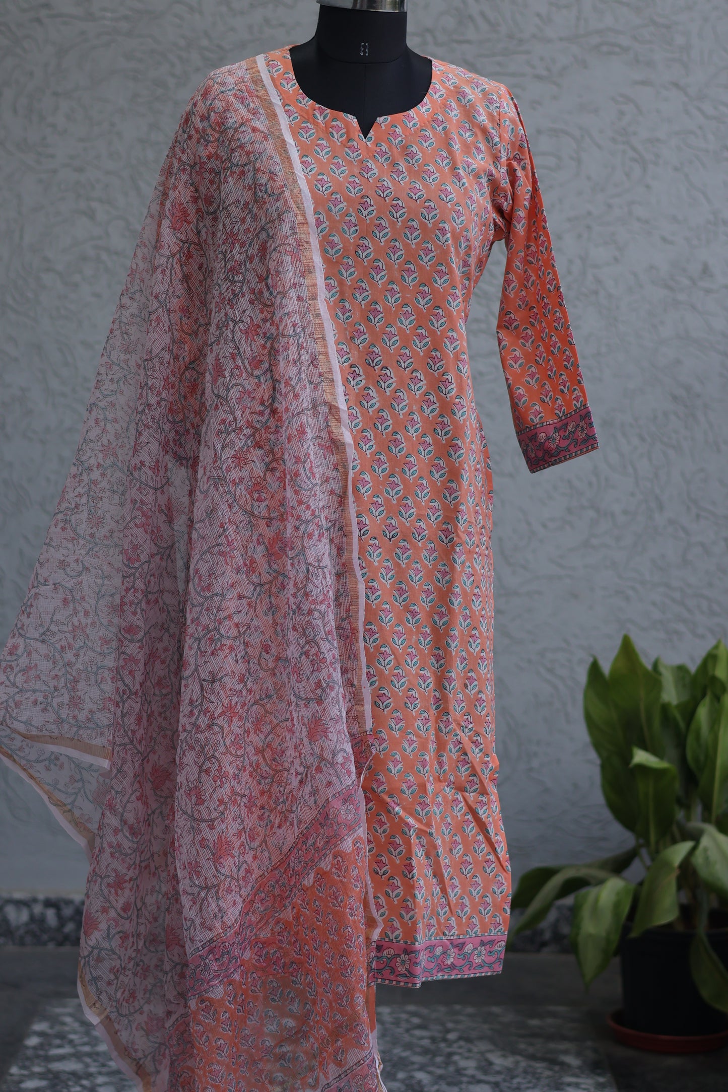 Pastel Handblock printed Pure Mul Cotton with Kota Doria Duppata 3 piece suit (stitched)