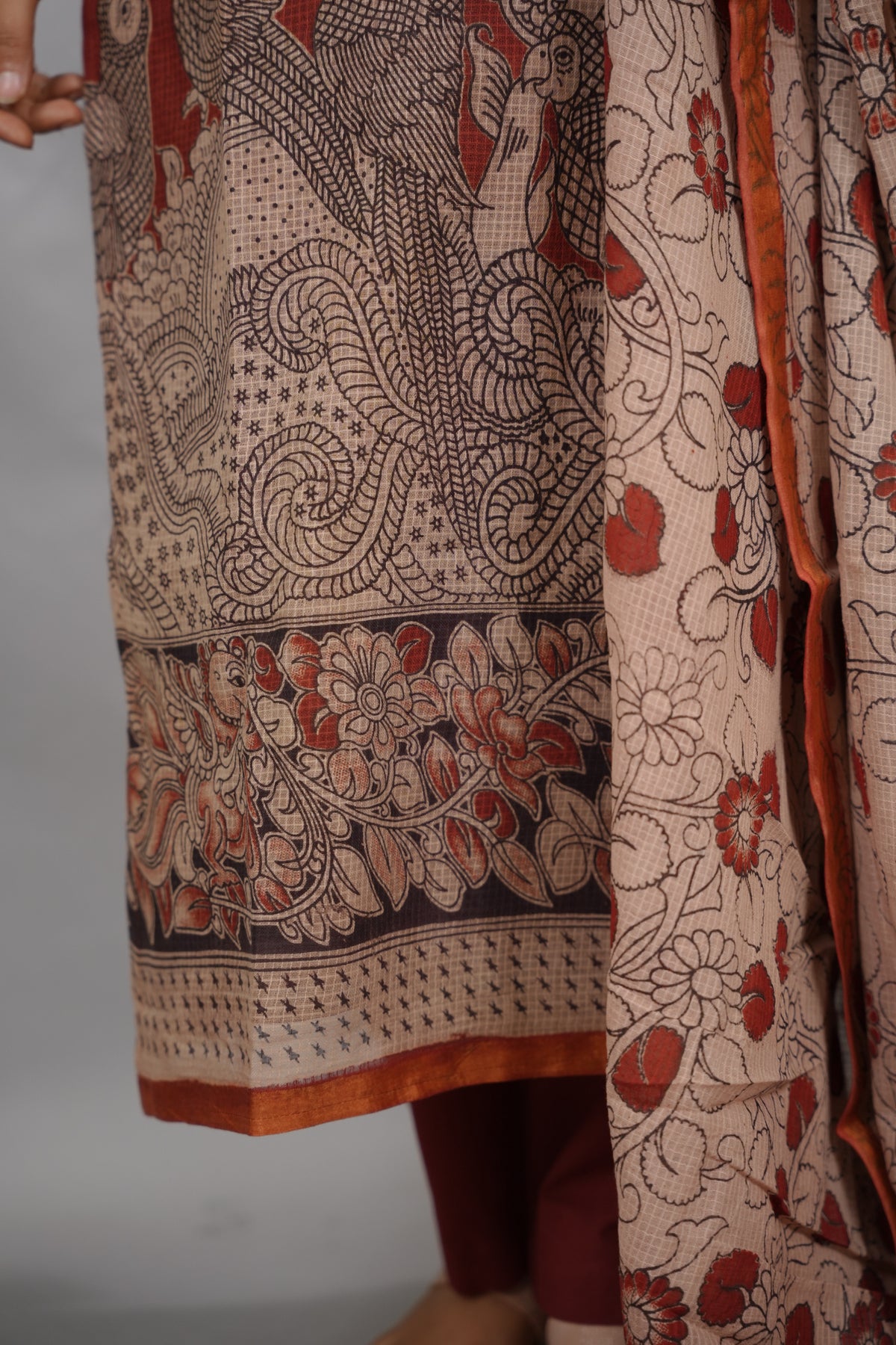 Maroon Kalamkari Kota Cotton 3 piece suit (stitched) | Looms & Tassels