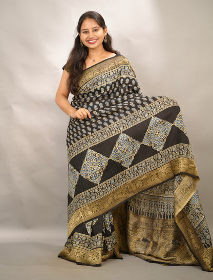Ajrakh Handblock printed Dola Silk Saree | Looms & Tassels