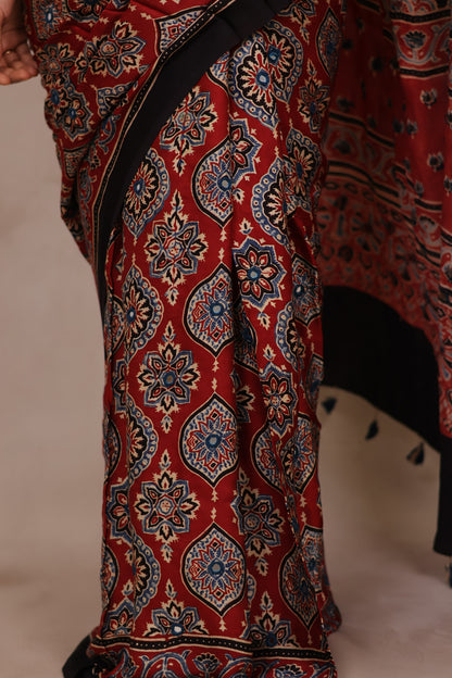 Red Handcrafted Ajrakh Modal Silk Saree with Authentic Banjara Mirror Work | Looms & Tassel