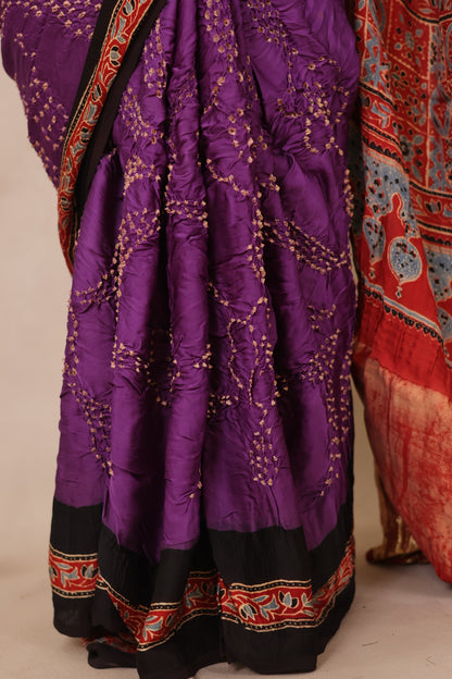 Violet Hand Knotted Bandhej Arakh Modal Silk Saree with Lagdi Pallu | Looms & Tassels