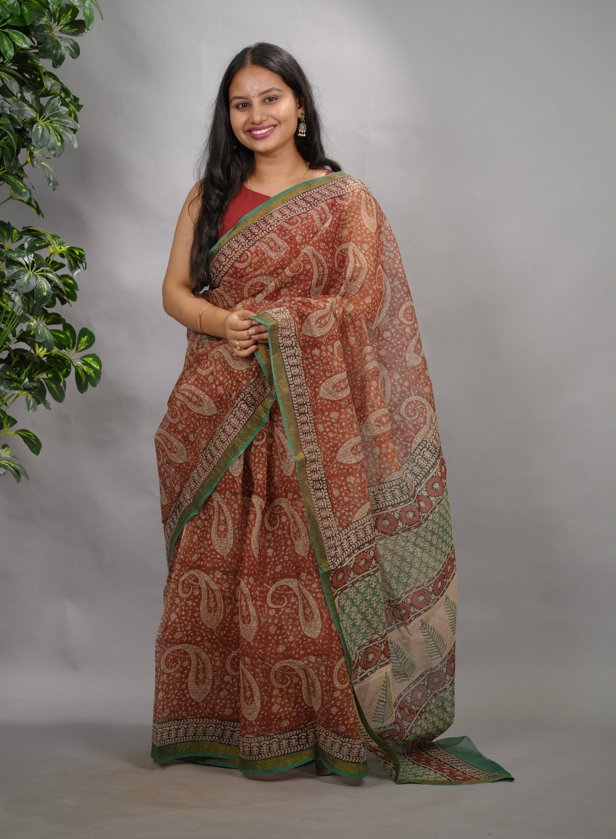 Maroon Pure Kota Doria Saree with Bagru Handblock Prints