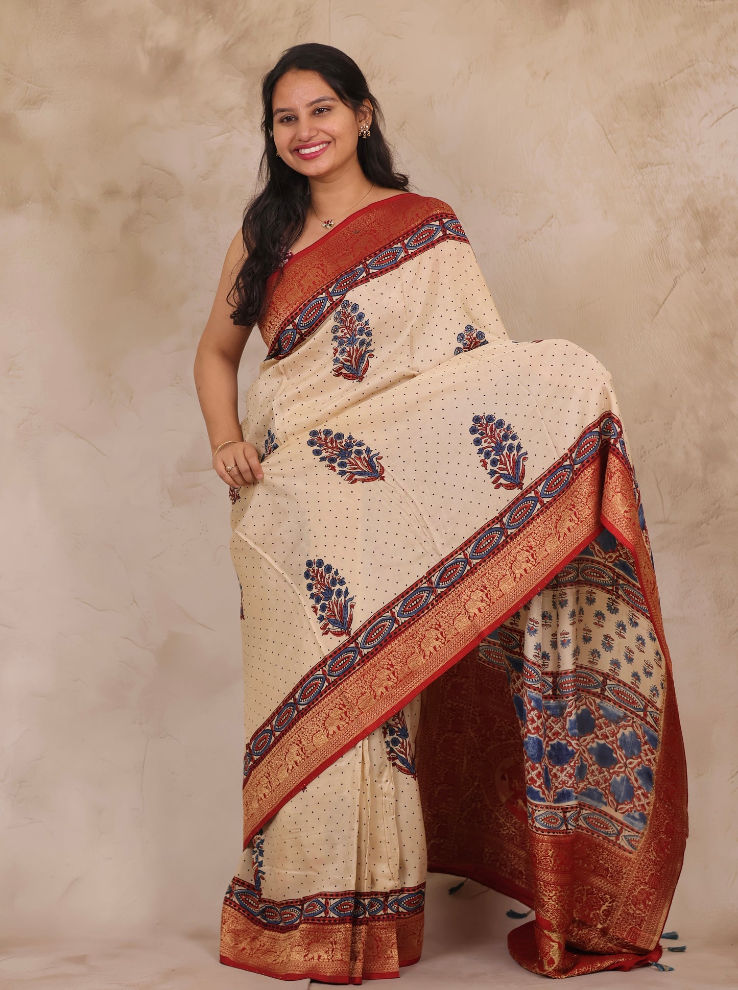 Cream Dotted Floral Ajrakh Handblock printed Dola Silk Saree | Looms & Tassels