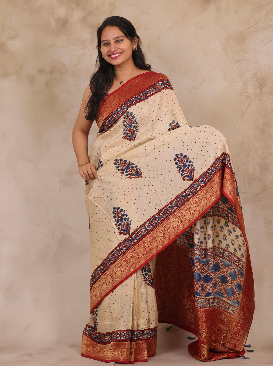 Cream Dotted Floral Ajrakh Handblock printed Dola Silk Saree | Looms & Tassels