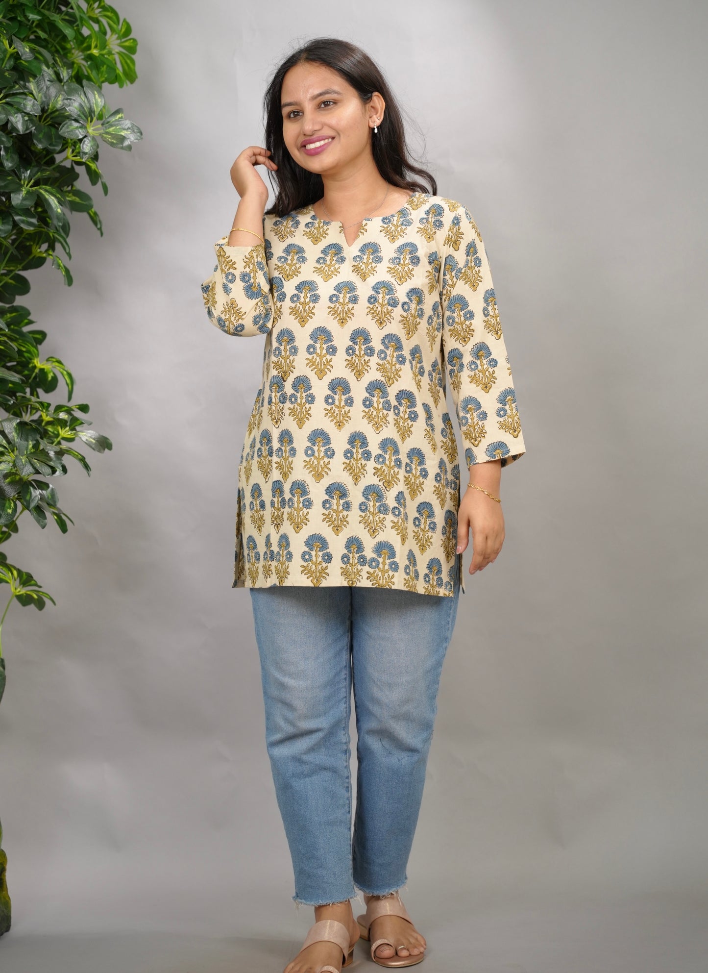 Cream Ajrakh Hand Block Printed Short Top