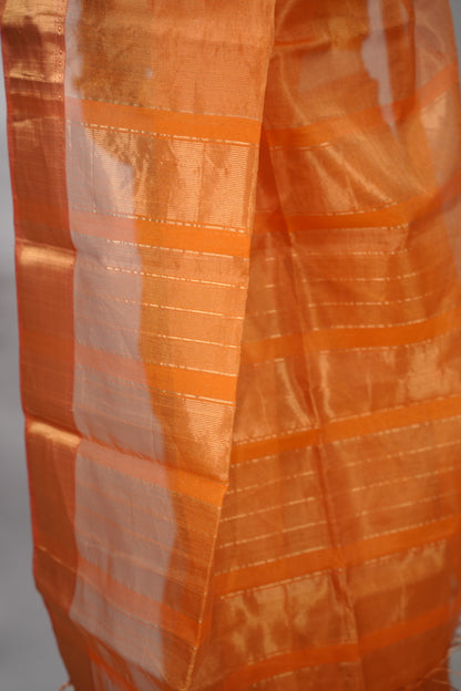 Orange Checks Handloom Maheswari Tissue Silk Cotton Sarees | Looms & Tassels