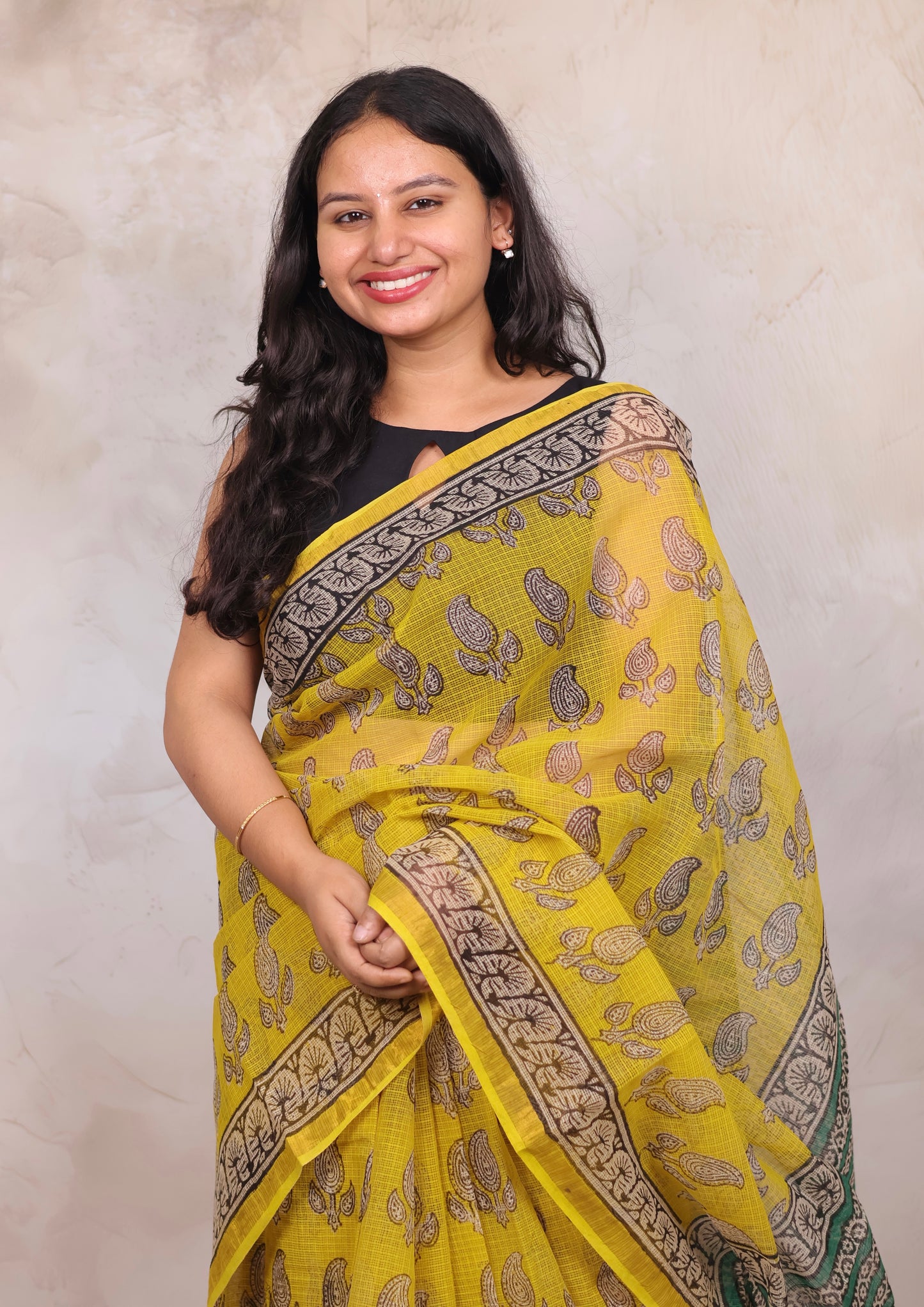 Yellow Pure Kota Doria Saree with Bagru Handblock Prints | Looms & Tassels