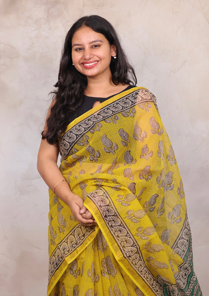 Yellow Pure Kota Doria Saree with Bagru Handblock Prints | Looms & Tassels