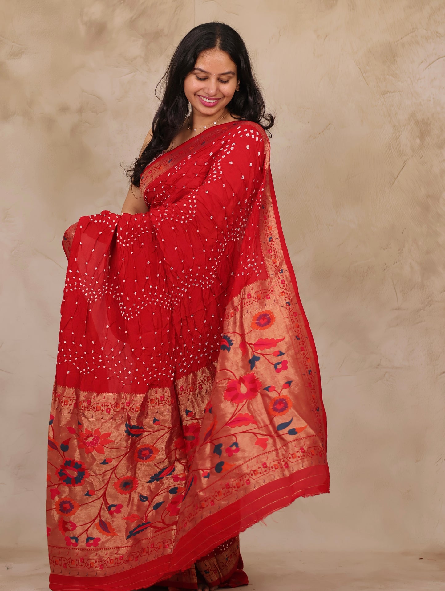 Red Handcrafted Pattern Bandhani Paithani Dola Silk Saree | Looms & Tassels