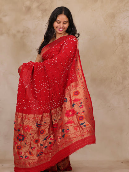 Red Handcrafted Pattern Bandhani Paithani Dola Silk Saree | Looms & Tassels