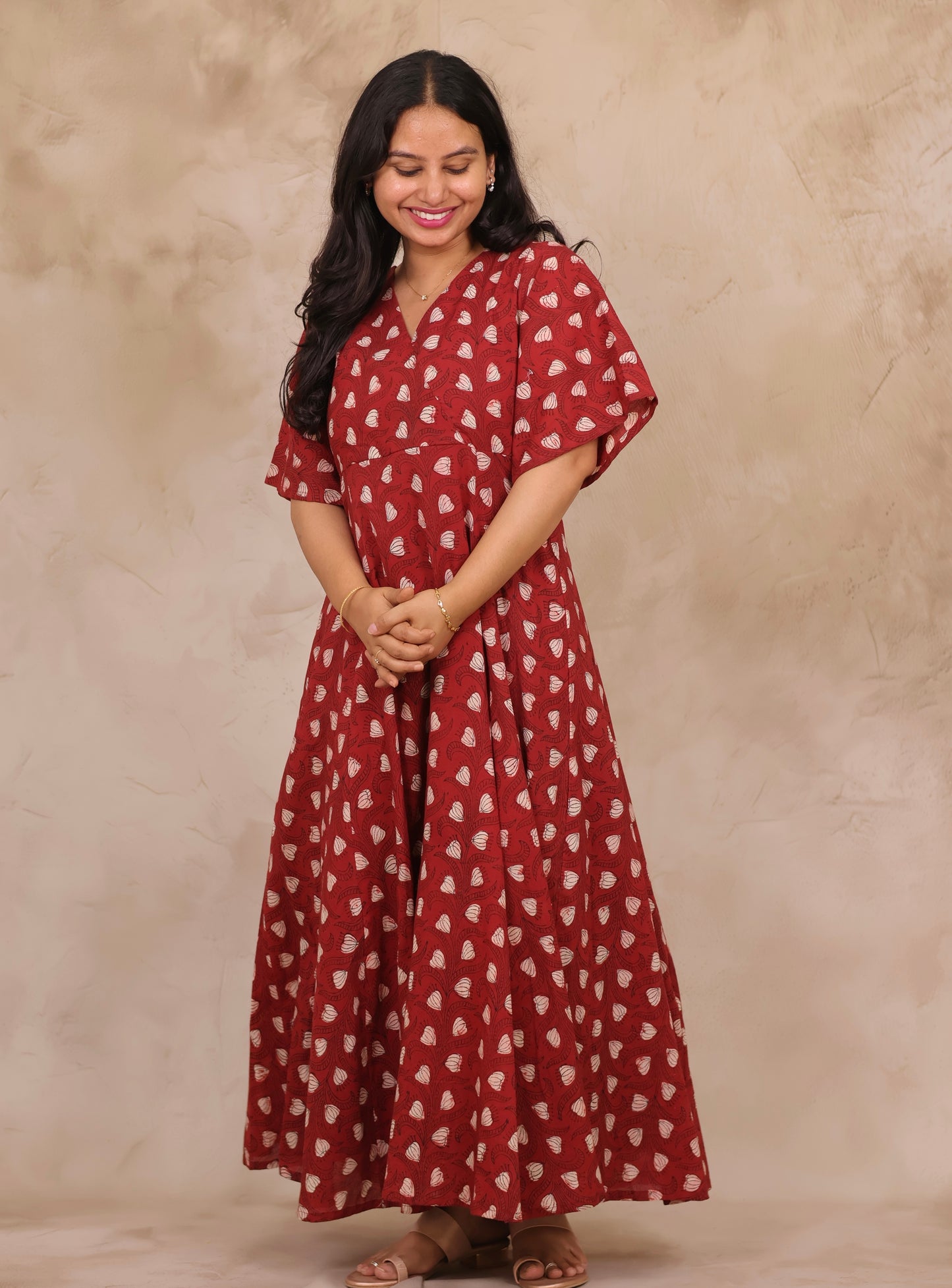 Rust Red Hand Block Printed Pure Mul Cotton Maxi Dress | Looms & Tassels