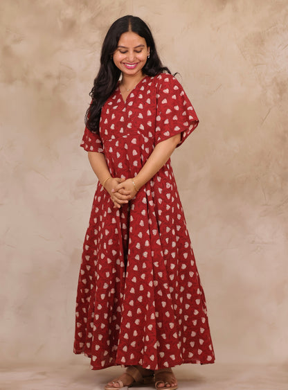 Rust Red Hand Block Printed Pure Mul Cotton Maxi Dress | Looms & Tassels