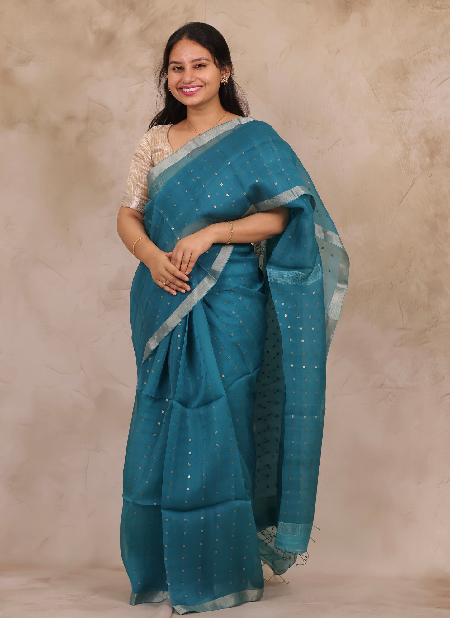 Teal Blue Handwoven Muslin Silk Saree With Sequence Work | Looms & Tassels