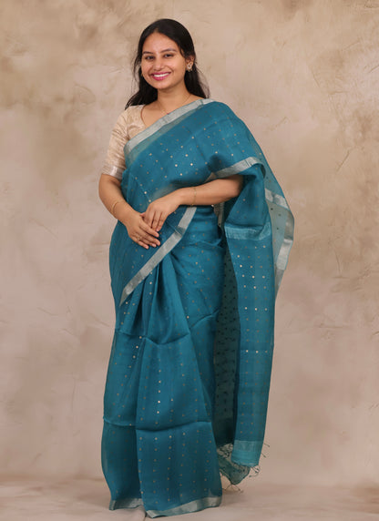 Teal Blue Handwoven Muslin Silk Saree With Sequence Work | Looms & Tassels