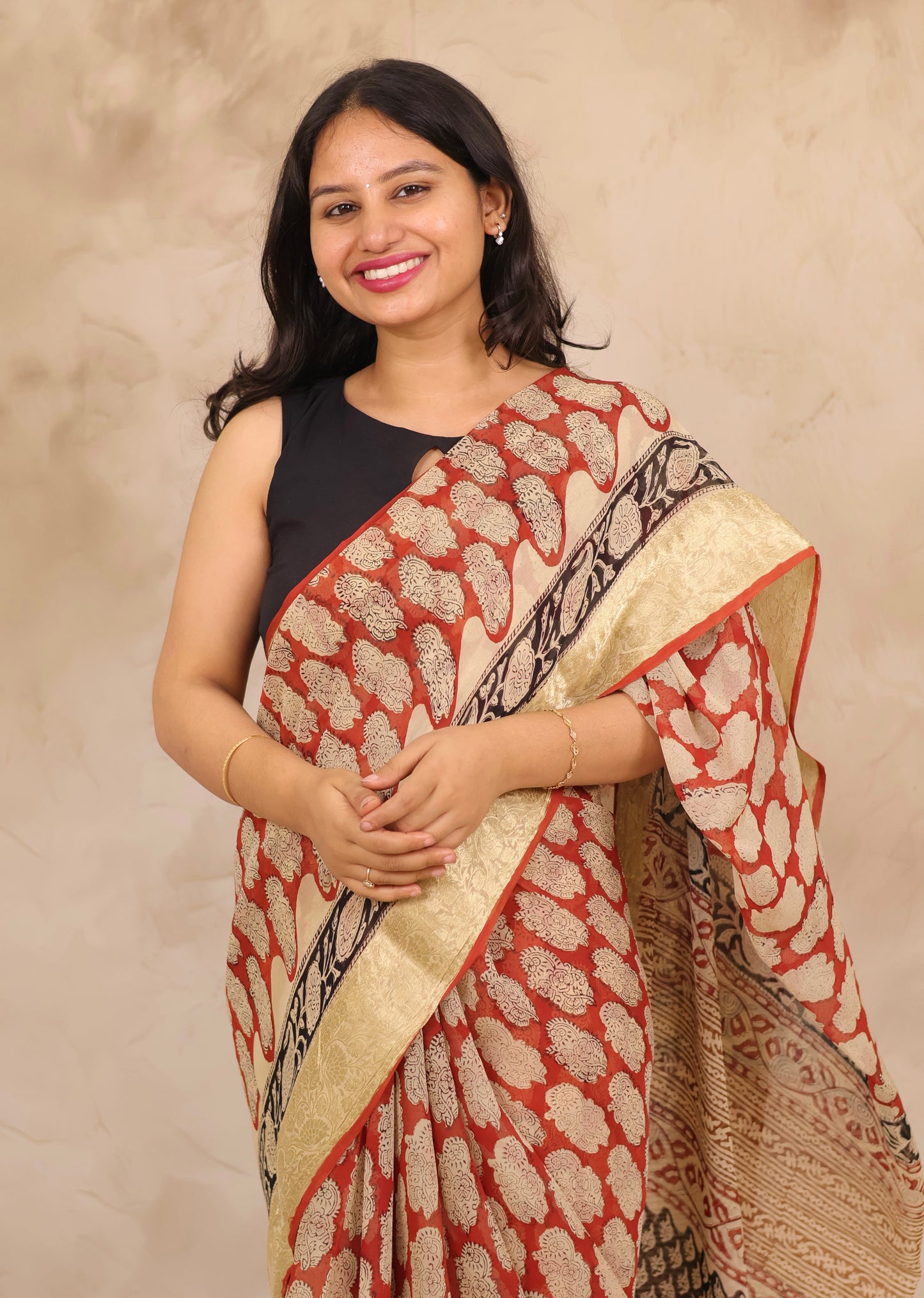 Maroon Chiffon Hand Block Printed Saree with Jari Border | Looms & Tassels