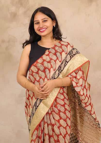 Maroon Chiffon Hand Block Printed Saree with Jari Border | Looms & Tassels