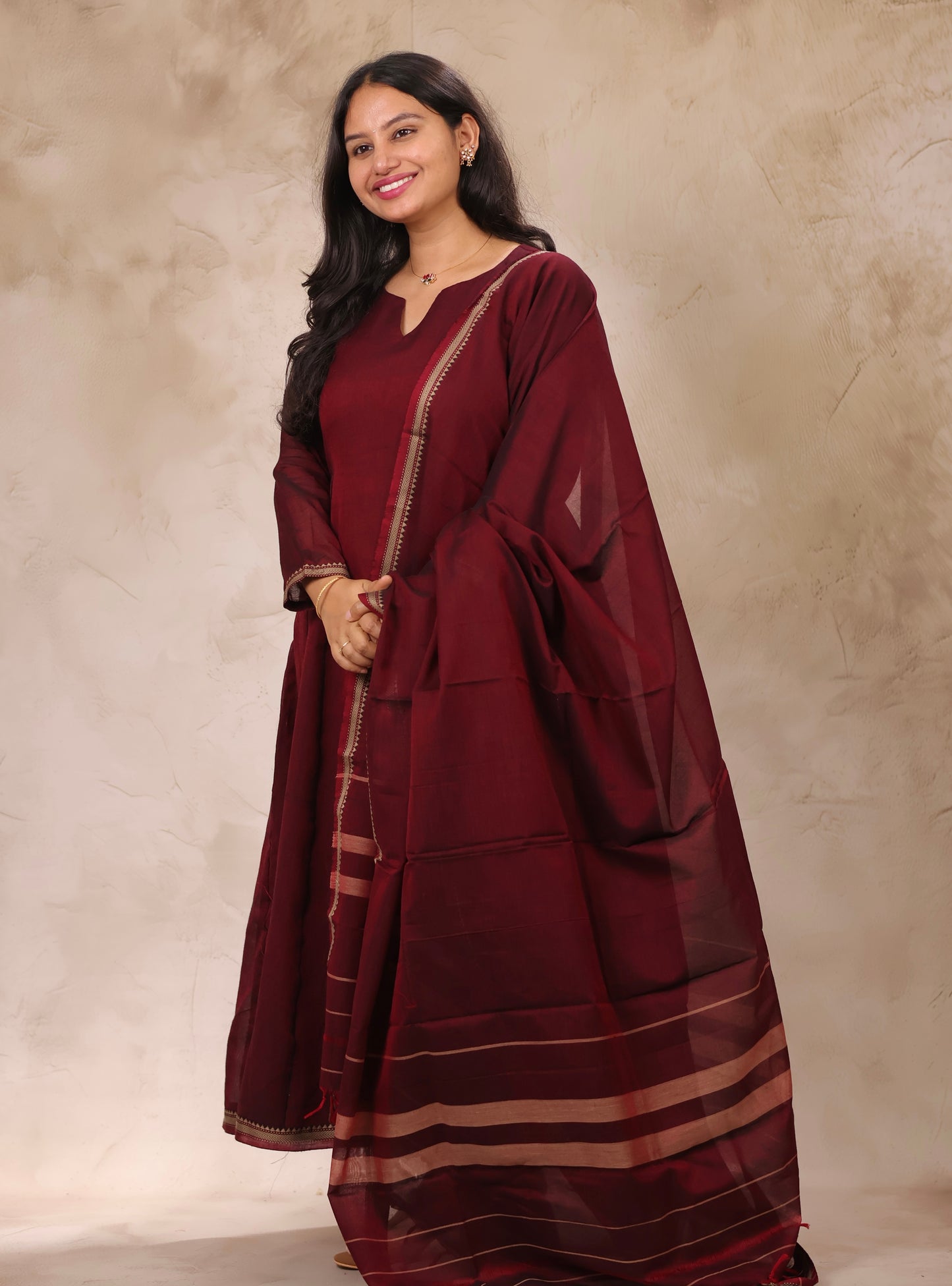 Maroon Narayanpet Cotton Kali Kurta with Narayanpet Dupatta | Looms & Tassels