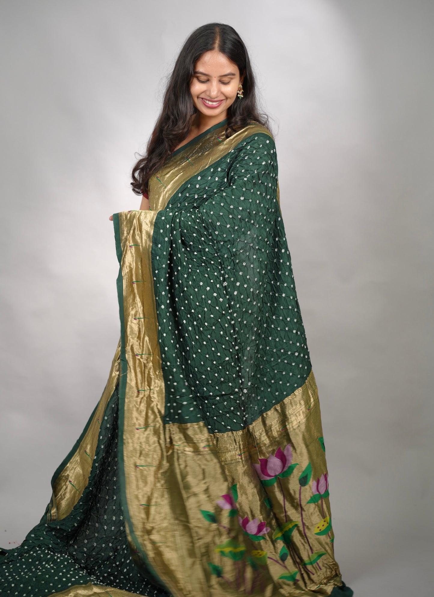 Bottle Green Handcrafted Bandhani Paithani Dola Silk Saree | Looms & Tassels
