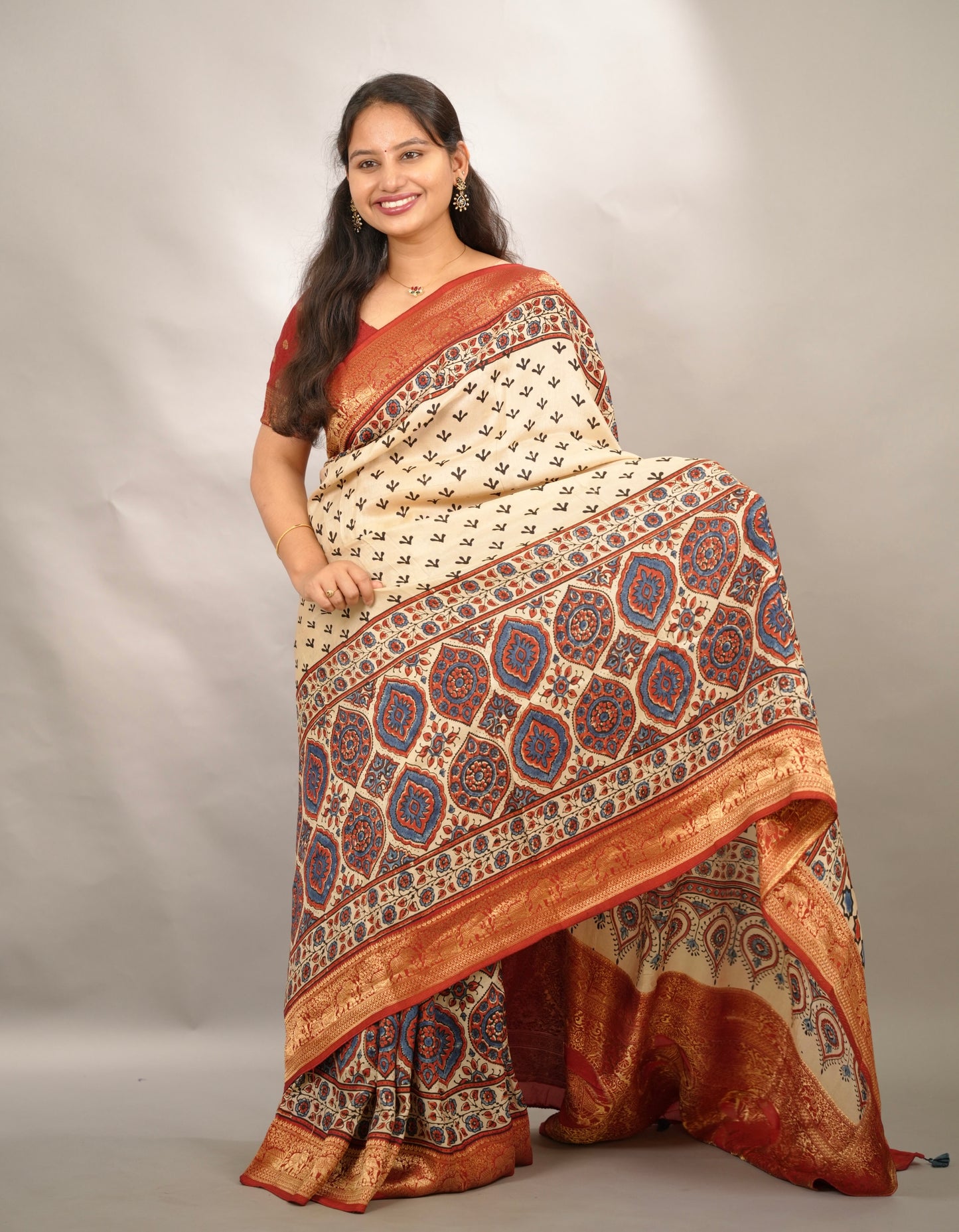 Cream Ajrakh Handblock printed Dola Silk Saree | Looms & Tassels