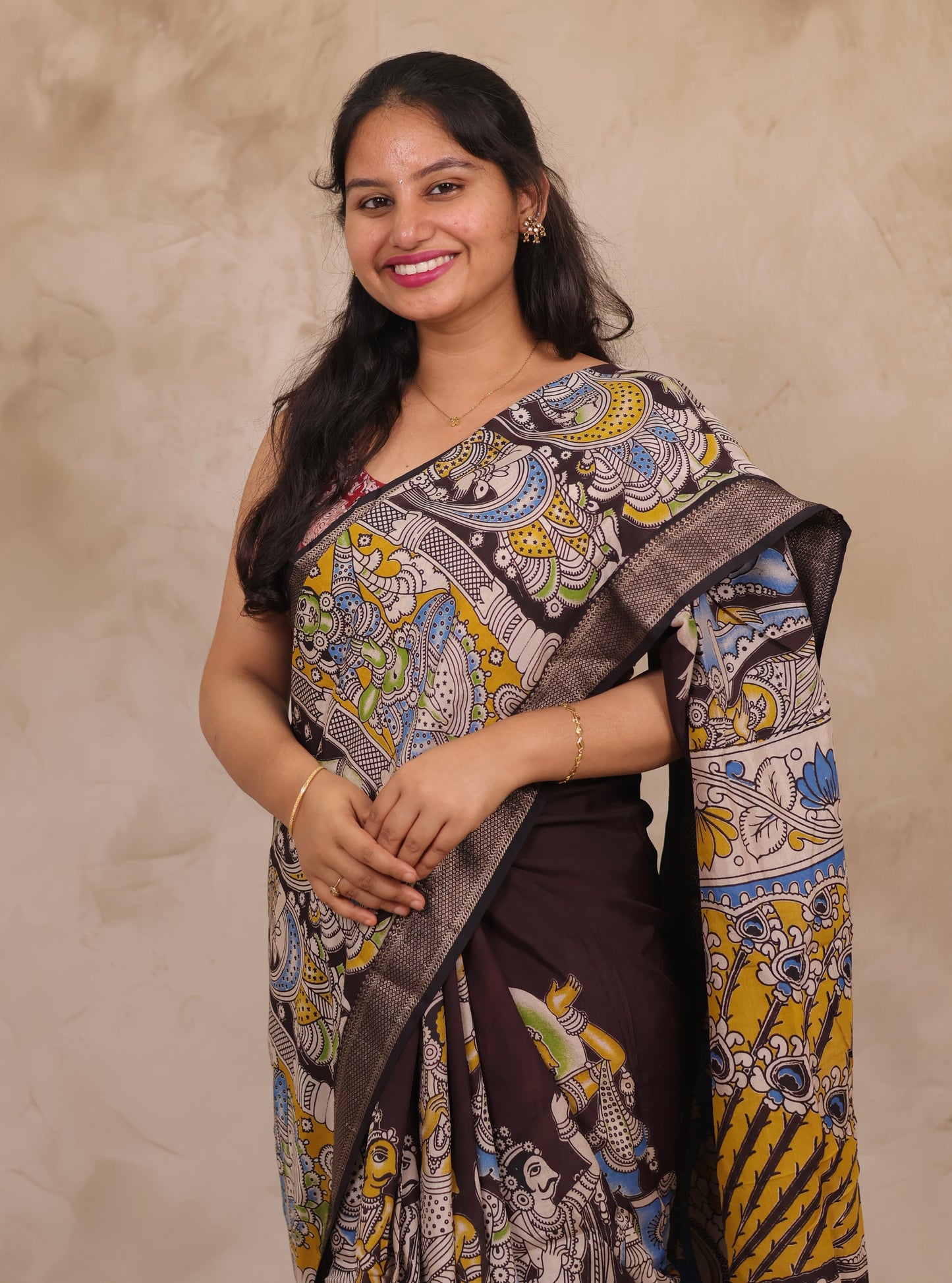 Chocolate Brown Story Telling Kalamkari Nizam Border Chennur Silk Saree | Looms & Tassels
