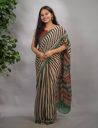 Stripes Chiffon Hand Block Printed Saree | Looms & Tassels