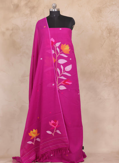 Magenta Handwoven Jamdhani weaving pure Malai cotton 2 piece suit sets | Looms & Tassels