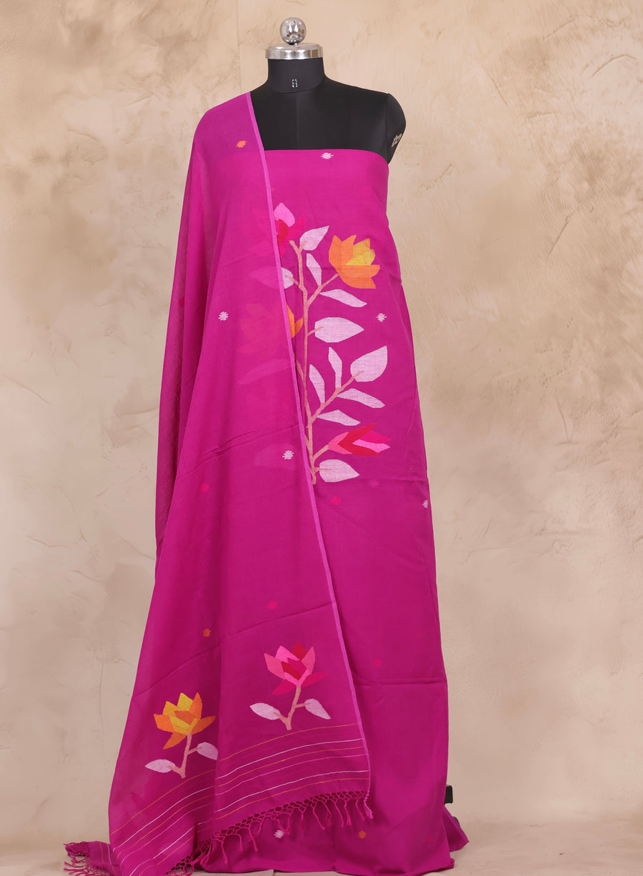 Magenta Handwoven Jamdhani weaving pure Malai cotton 2 piece suit sets | Looms & Tassels
