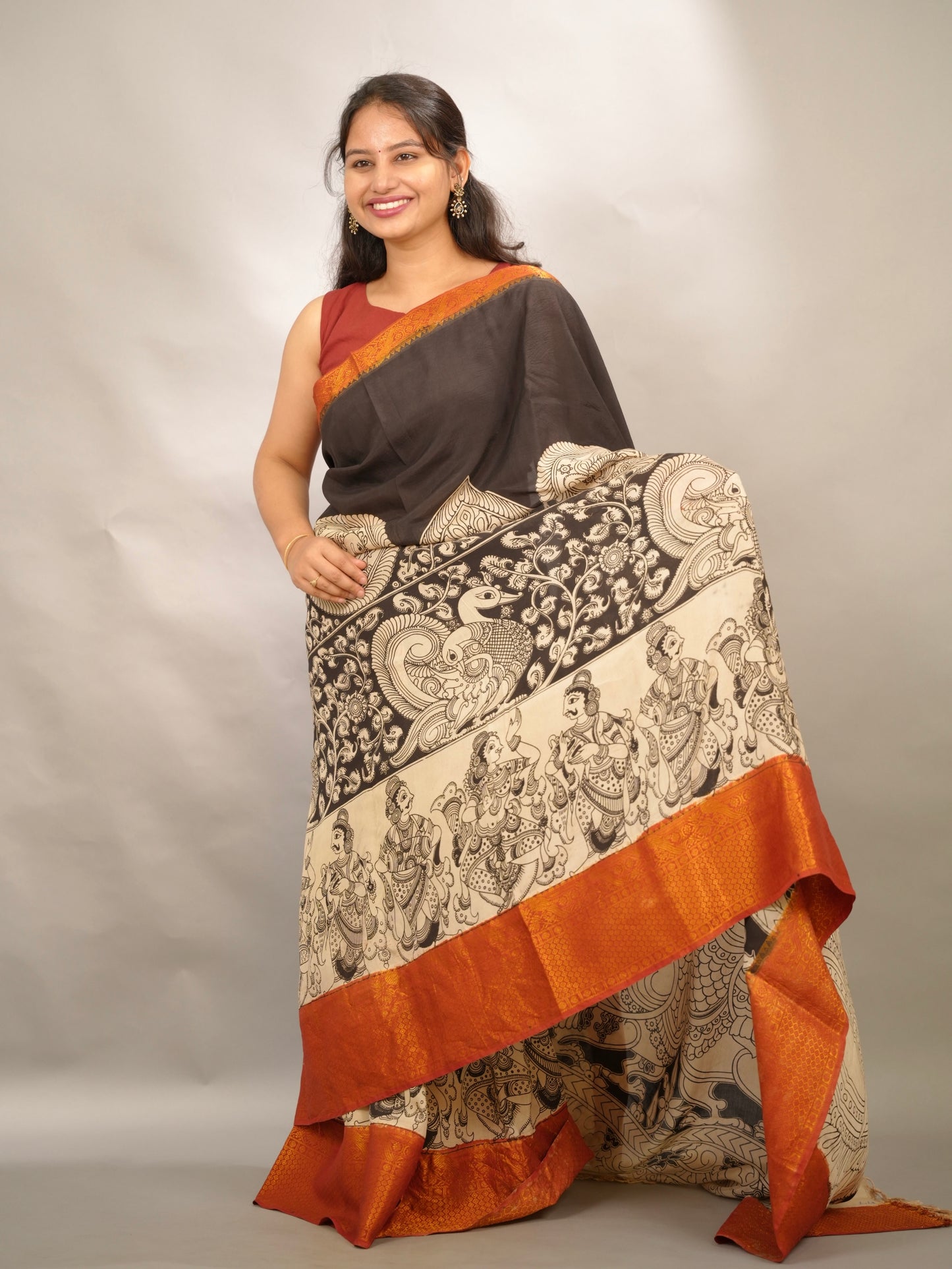 Black Story Telling Kanchi border Kalamkari chennur silk saree