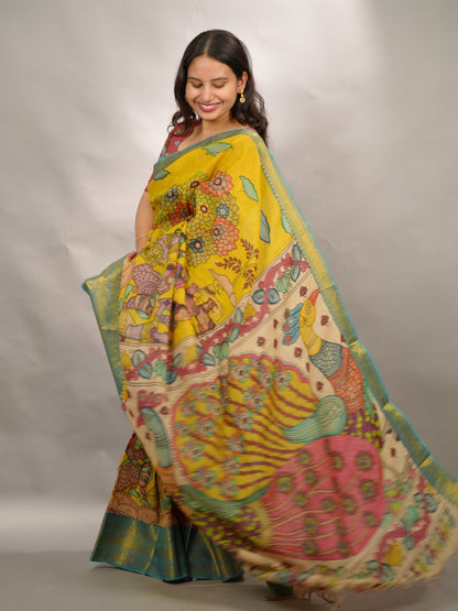Yellow Hand Drawn Pen Kalamkari Bangalore Silk Kanchi Border Saree | Looms & Tassels