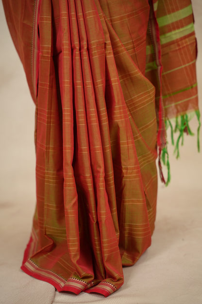 Orange Duel Tone Narayanpet Cotton Saree lines weaving | Looms & Tassels