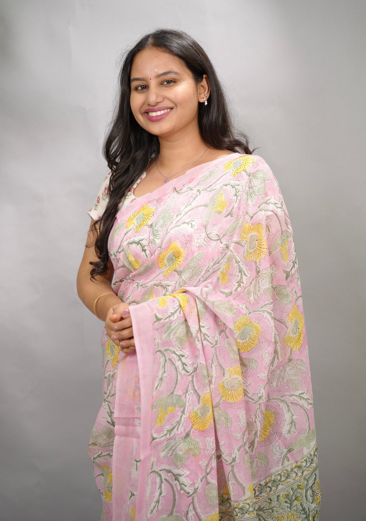 Pastel Pink Georgette Hand Block Printed Saree| Looms & Tassels