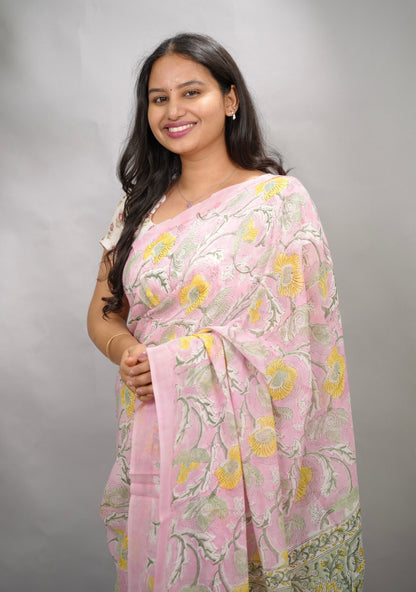 Pastel Pink Georgette Hand Block Printed Saree| Looms & Tassels