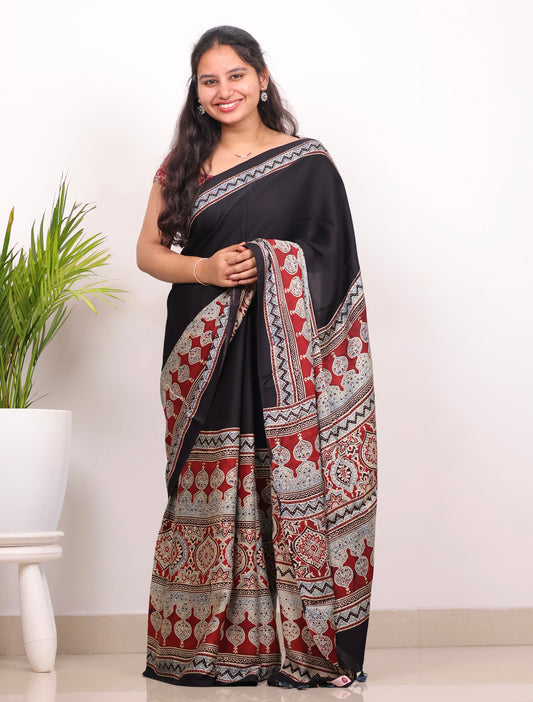 Black Half & Half Authentic Ajrakh Handblock Printed Modal Silk Saree | Looms & Tassels