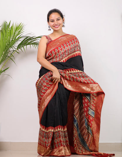 Black & Red Ajrakh Dola Silk Saree