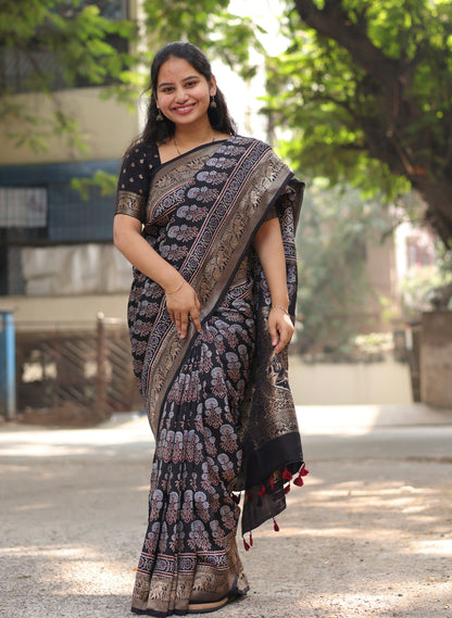 Ajrakh Dola Silk Saree