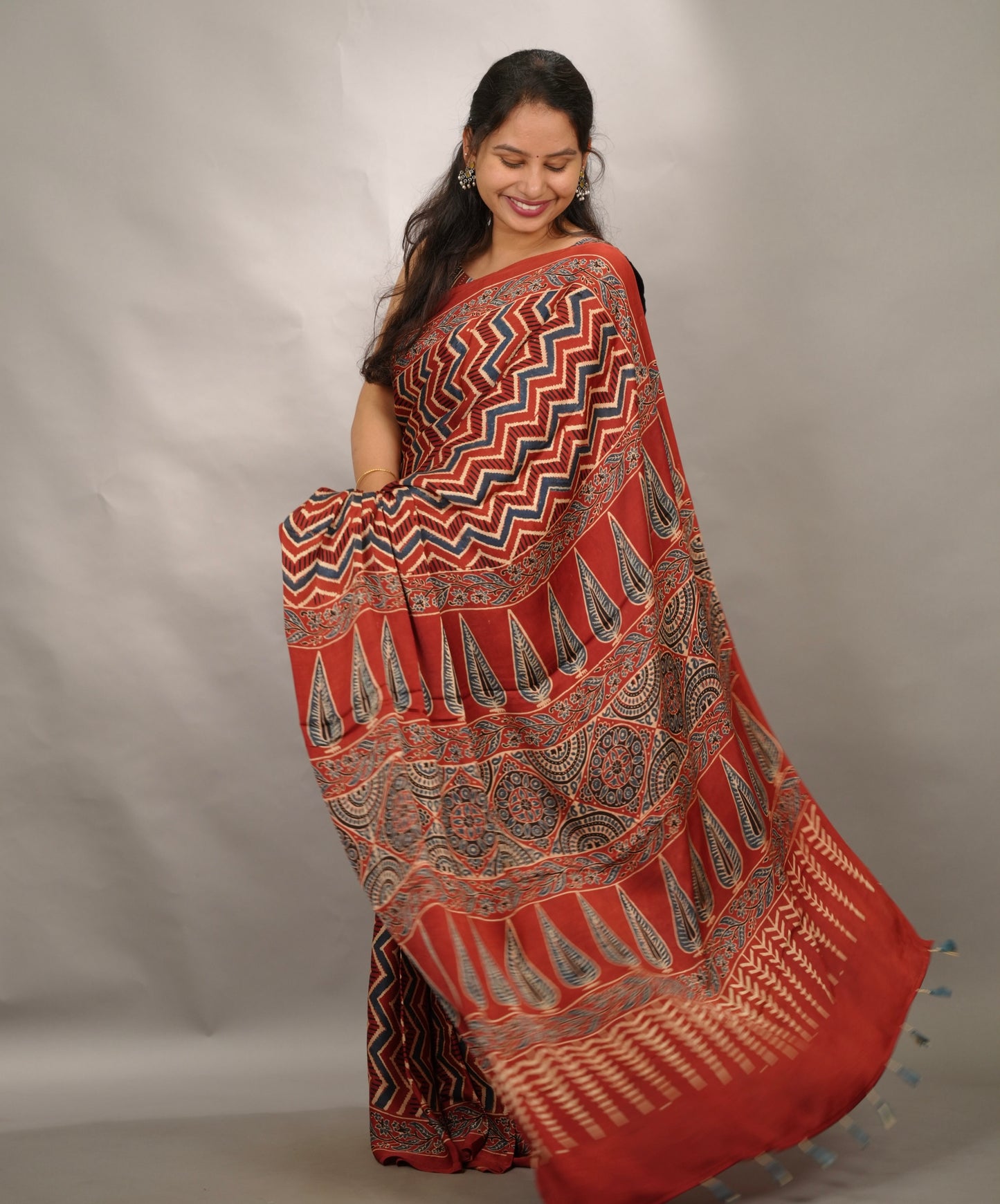 Maroon Authentic Ajrakh Handblock Printed Modal Silk Saree | Looms & Tassels