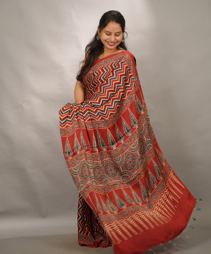 Maroon Authentic Ajrakh Handblock Printed Modal Silk Saree | Looms & Tassels