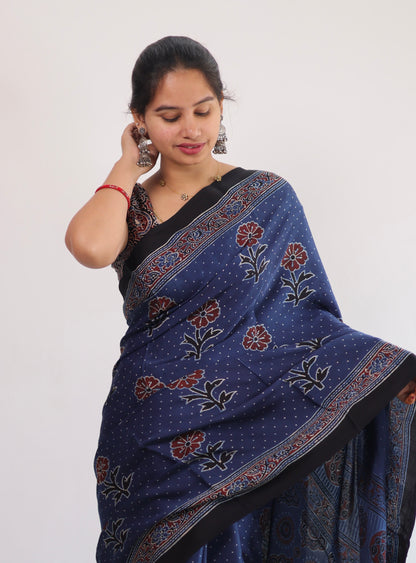 Blue Ajrakh Modal Silk Saree