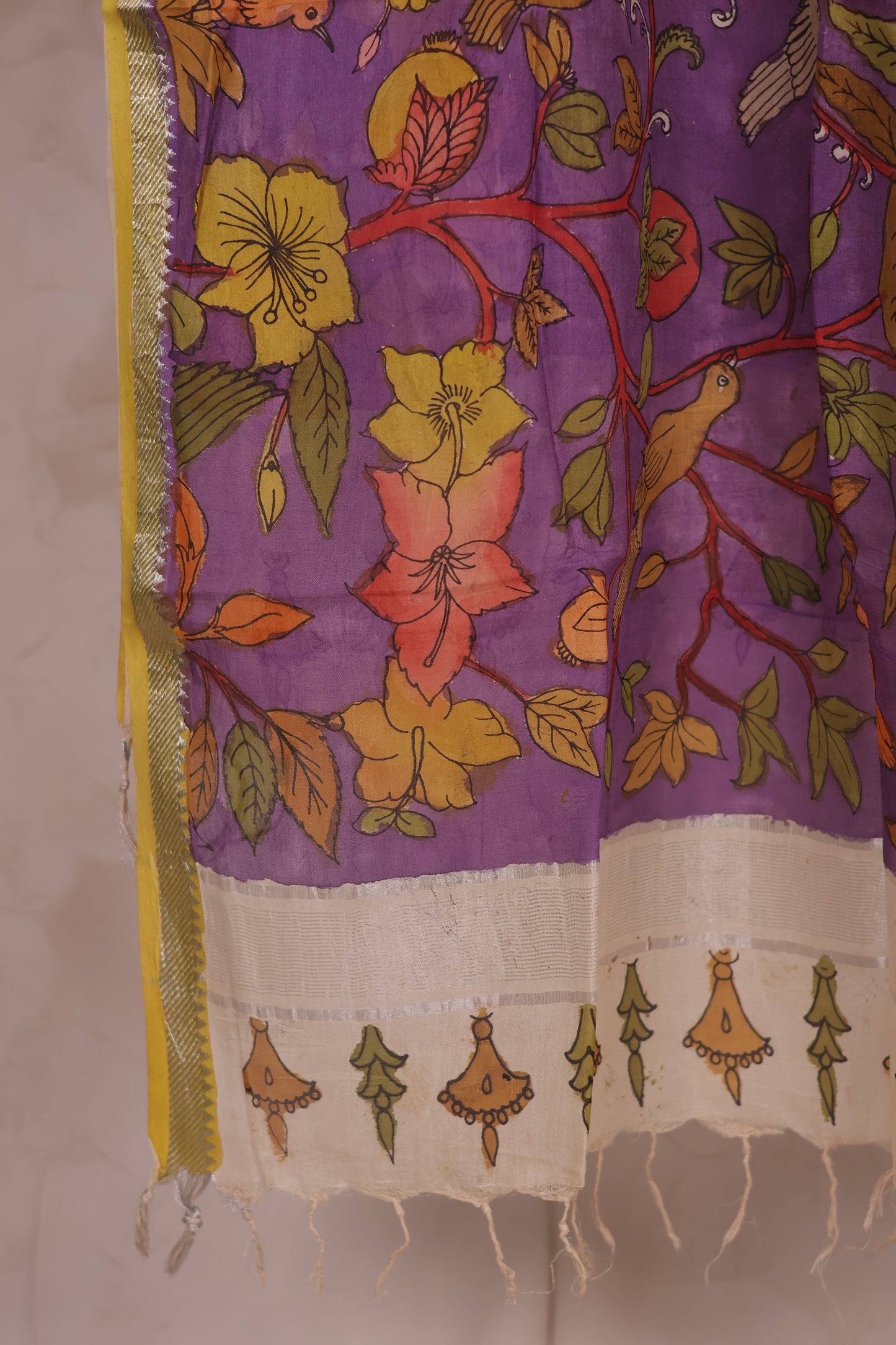 Lavender Pen Kalamkari Mangalagiri silk Dupatta