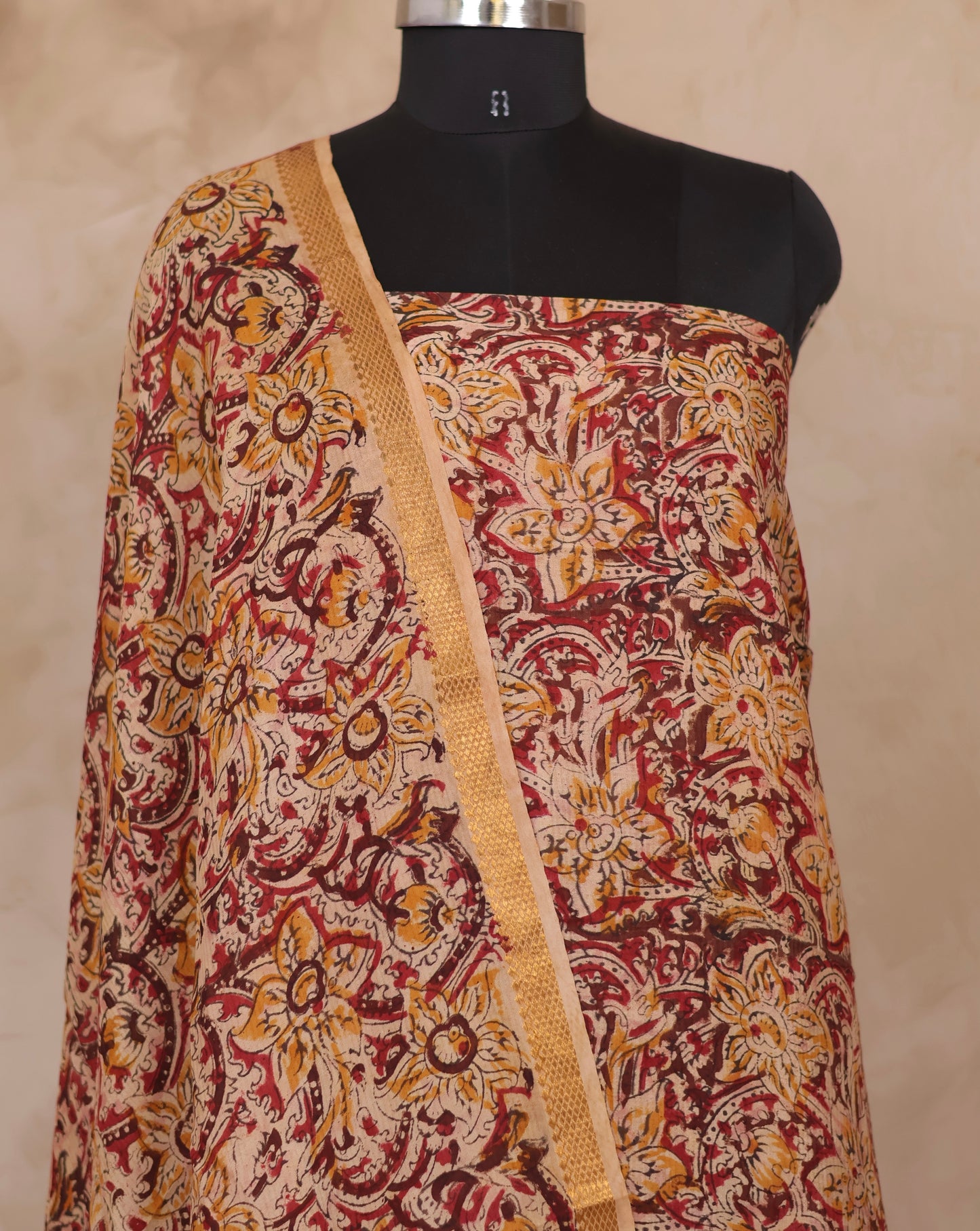 Hand Block Printed Kalamkari Unstitched 3pc Suit Set