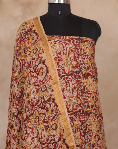 Hand Block Printed Kalamkari Unstitched 3pc Suit Set