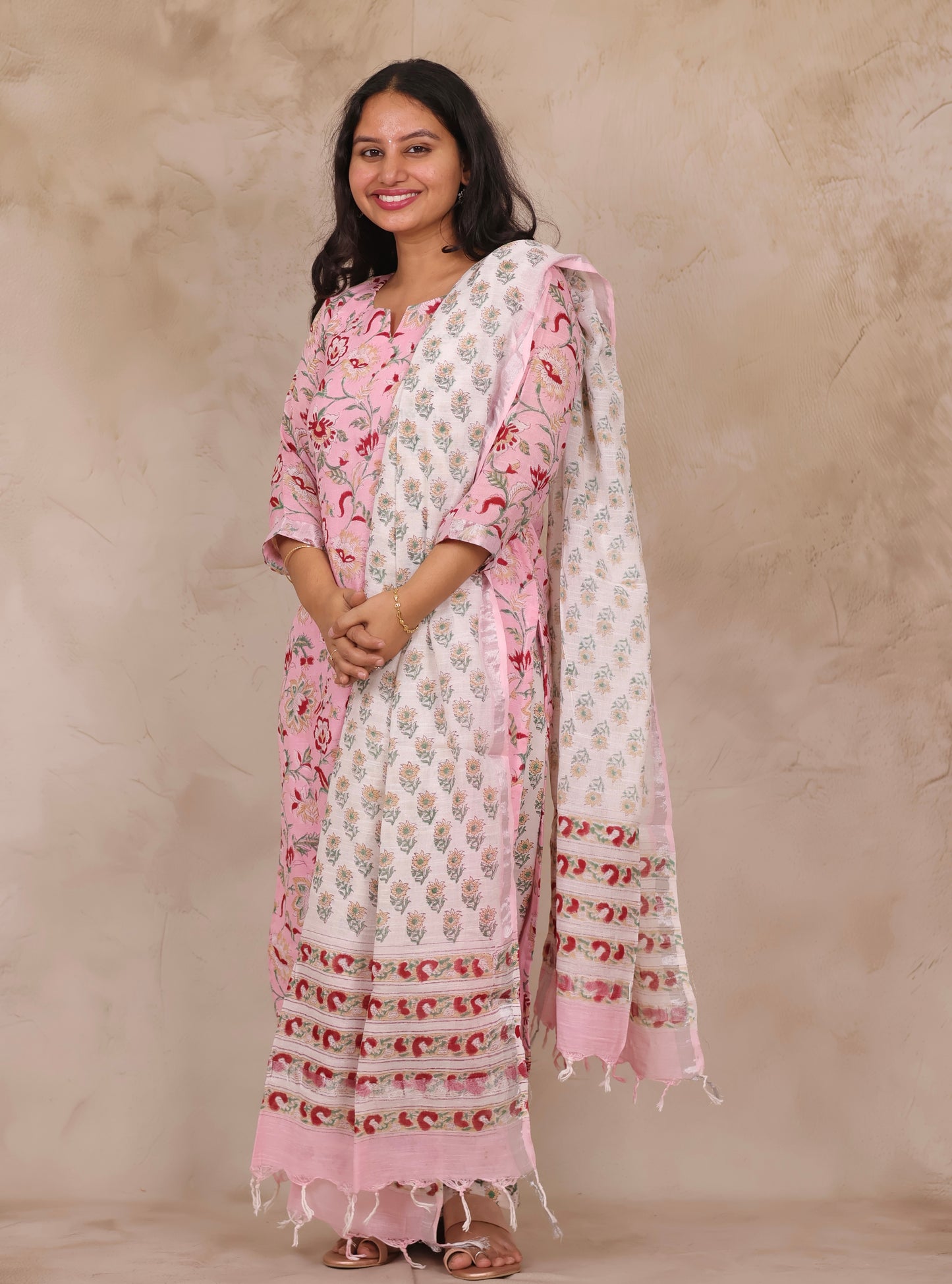 Baby Pink Linen Cotton Handblock printed 3 piece suit (stitched)