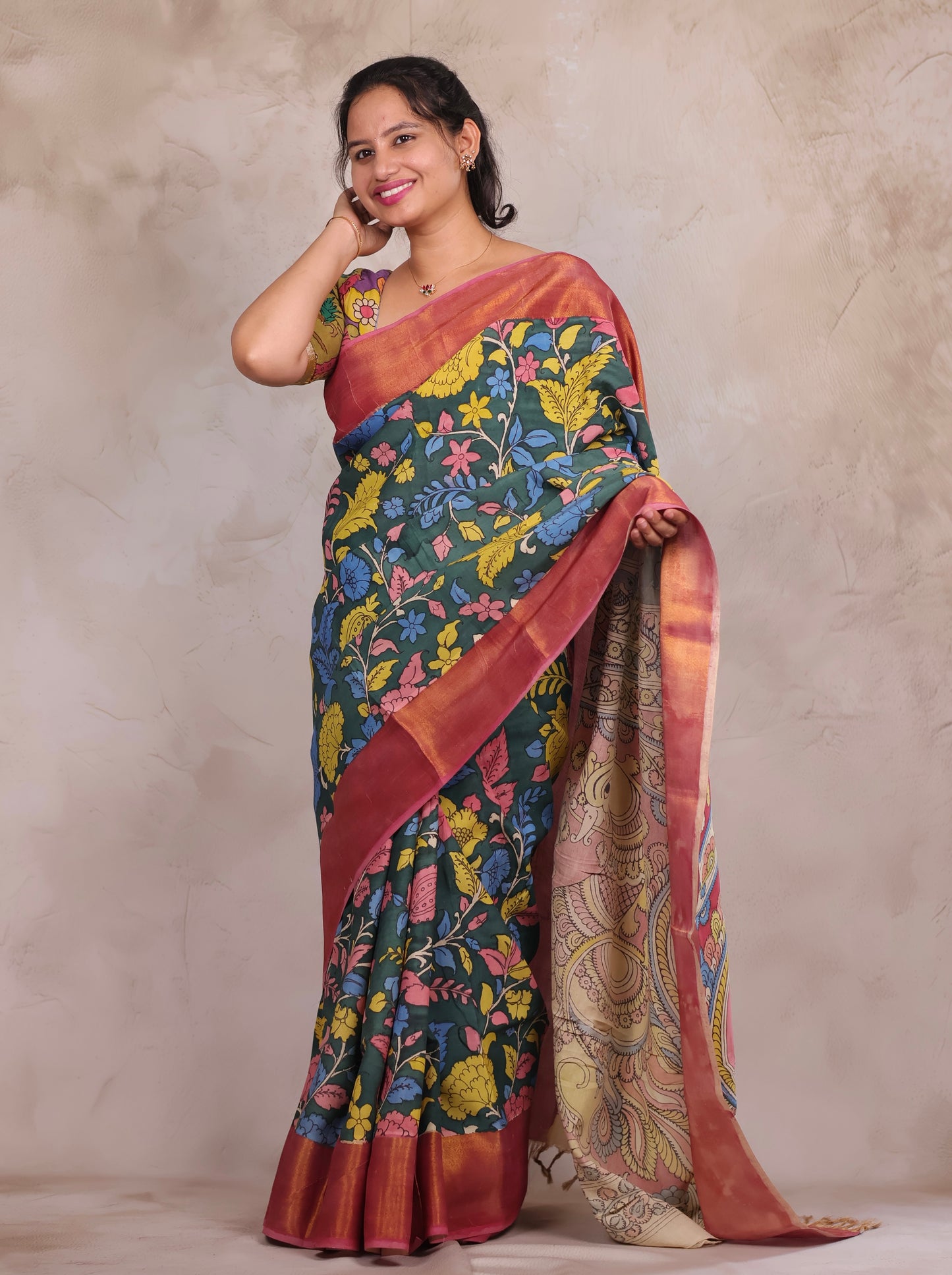 Hand Drawn Pen Kalamkari Pachi Green And Pink Bangalore Silk Kanchi Border Saree | Looms & Tassels