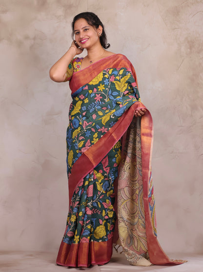 Hand Drawn Pen Kalamkari Pachi Green And Pink Bangalore Silk Kanchi Border Saree | Looms & Tassels