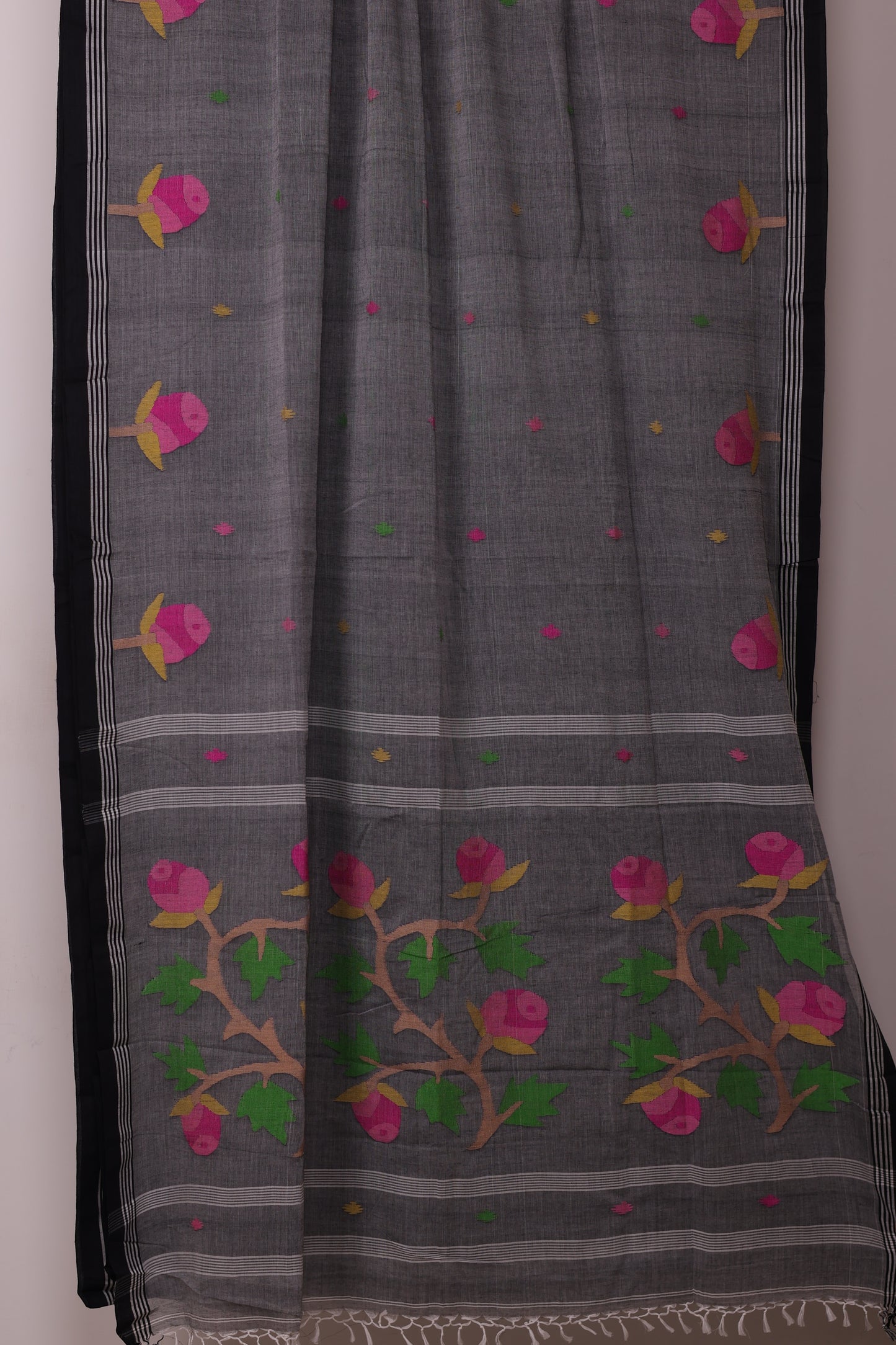 Grey Pure Handwoven Jamdhani Malai Cotton Saree